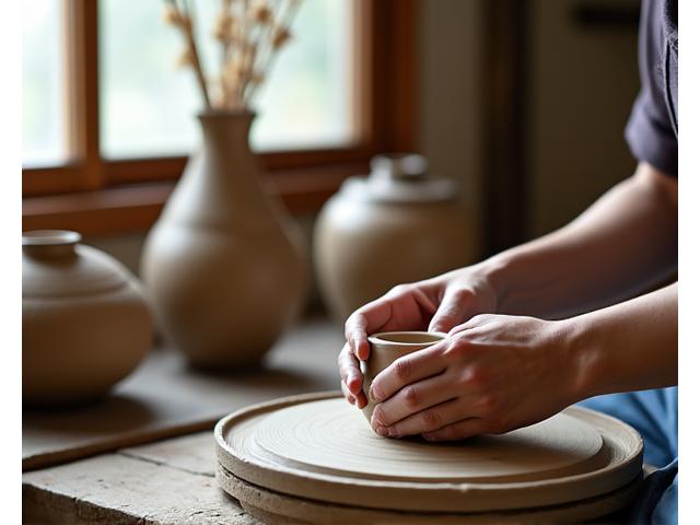 日本の伝統工芸の工房風景、陶芸家がろくろを回す様子